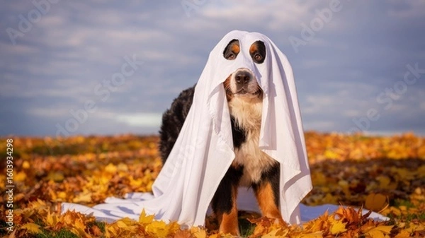 Obraz Adorable Bernese Mountain Dog Dressed as a Ghost for Halloween in Autumn Leaves