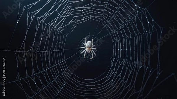 Obraz Dew-Kissed Spiderweb with Orb Weaver Spider at Center