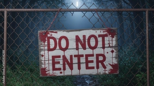 Fototapeta Eerie "Do Not Enter" Sign on Rusty Chain Link Fence in Foggy Forest at Night