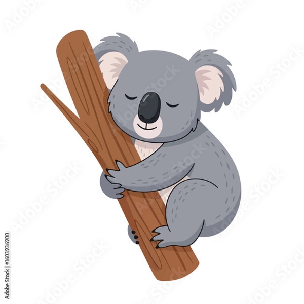 Obraz A cute cartoon koala bear peacefully sleeping while hugging a tree branch.