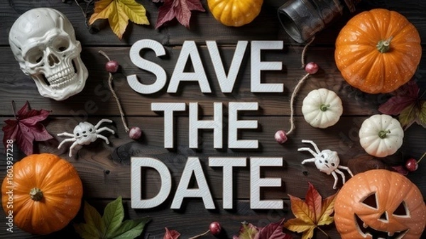 Fototapeta Halloween Save The Date Autumnal Pumpkin and Skull Invitation
