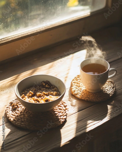 Obraz cozy, breakfast concept, creamy oatmeal with honey and walnuts , glass of tea with lemon slice on wooden table, near window with morning light. 
