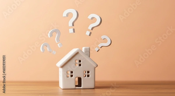 Fototapeta Miniature house surrounded by question marks representing housing decision real estate uncertainty investment confusion and market evaluation
