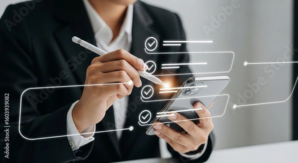 Fototapeta Businessman writing digital checklist on transparent interface representing planning goal setting task tracking and productivity management
