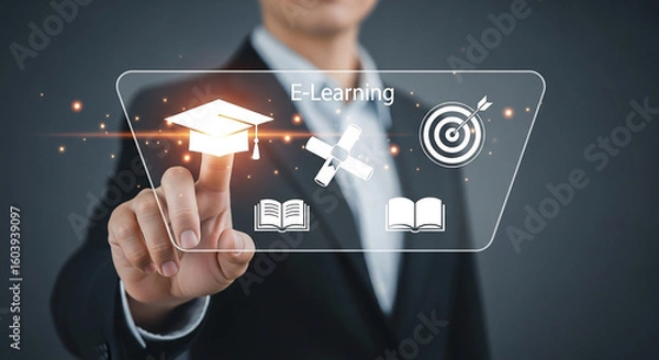 Fototapeta Businessman holding glowing graduation cap with education icons representing digital learning knowledge development and online training
