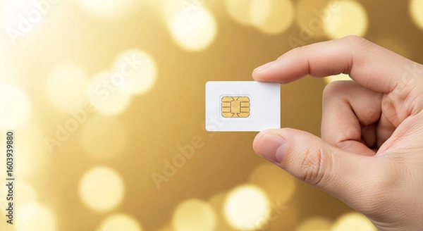 Fototapeta Hand holding sim card on golden bokeh background representing digital identity mobile communication network connectivity and telecom services
