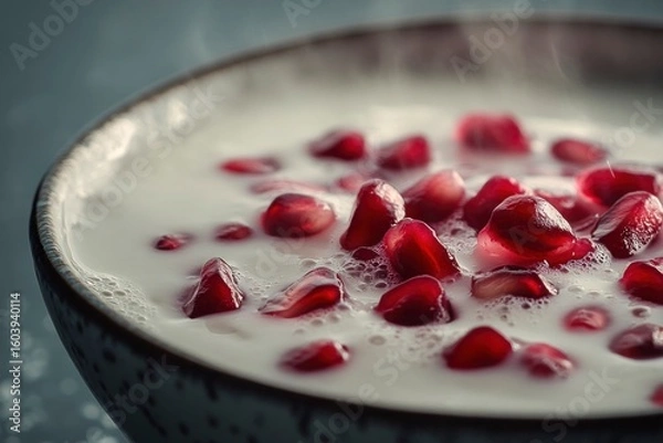 Obraz clowe up of bowl of coconut milk and pomegranate seeds on blurred background  Healthy breakfast concert.