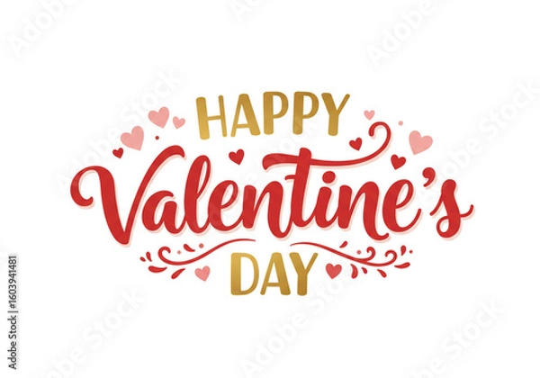 Obraz Happy valentine's day text with hearts and decorative swirls on a white background