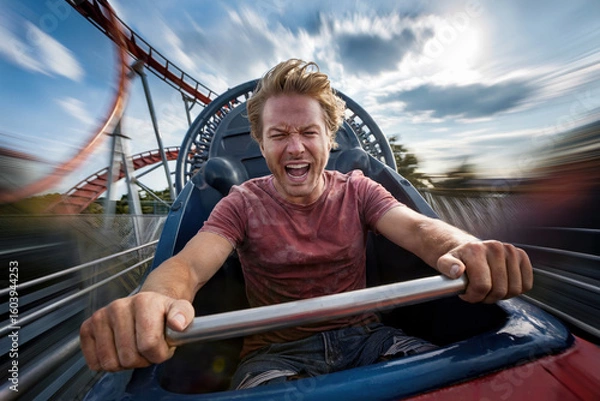 Obraz Man is riding down a carousel at high speed.