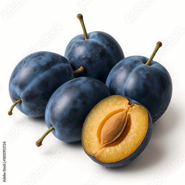Fototapeta A cluster of ripe deep blue plums with a natural waxy bloom one sliced open to reveal its golden flesh and stone.