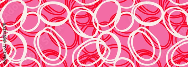 Fototapeta Dynamic abstract vector pattern featuring overlapping hand drawn circle shapes in red and white on an bright pink background. Bold, modern, and artistic design, ideal for textiles, wallpapers