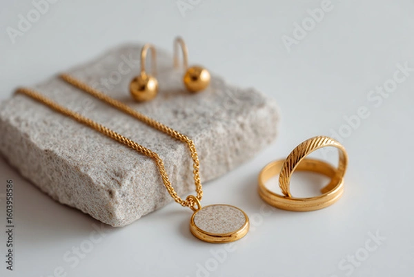 Fototapeta elegant display of minimalist jewelry accessories on clean background highlighting subtle beauty of each piece