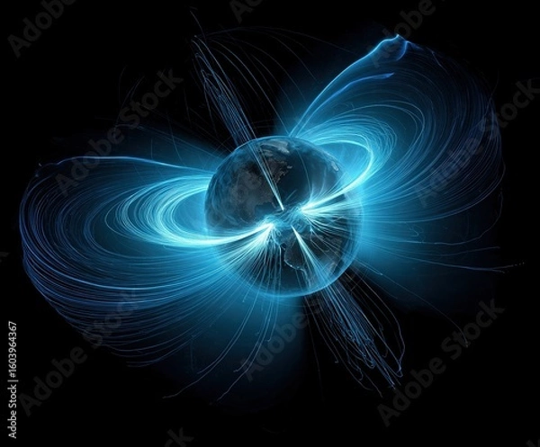 Obraz Solar wind particles colliding with Earth's magnetosphere cutaway view, auroral ovals over polar regions with neon-blue plasma streams, proton density gradients visualization.