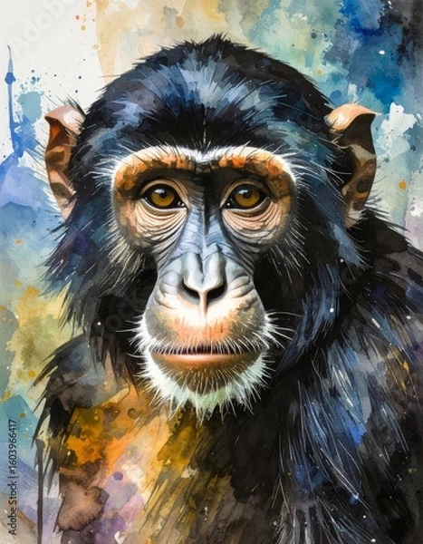 Fototapeta An artistic, expressive portrait of a chimpanzee. The image combines realistic detail with a watercolor and ink painting style and a colorful, abstract background.