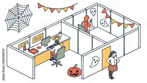 Obraz Isometric office decorated for halloween with spiderweb, pumpkin, ghosts and pennant banners