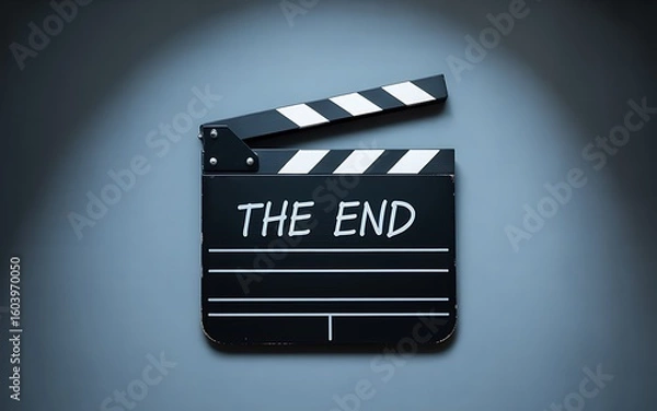 Fototapeta Classic black movie clapperboard with white chalk writing saying the end illuminated by a spotlight on a dark blue background