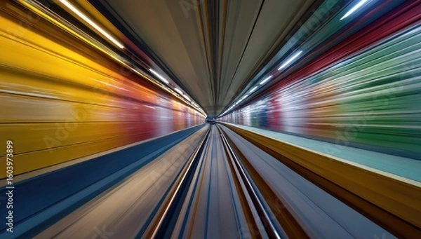 Fototapeta High-speed motion blur of light streaks in a tunnel with colorful walls.