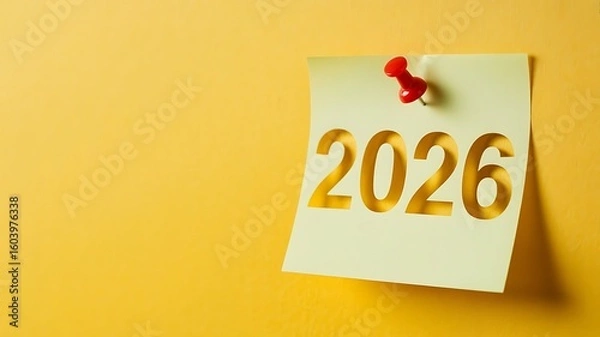 Fototapeta Golden year 2026 cut out on a yellow sticky note pinned to a vibrant yellow wall representing future plans and goals