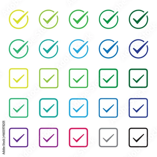 Fototapeta Versatile Checkmark Icon Set. Circular & Square Styles in Gradient and Solid Colors.
