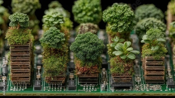 Fototapeta Circuit board sprouts tiny green plants, visualizing tech-nature coexistence, digital agriculture, and eco-systemic design