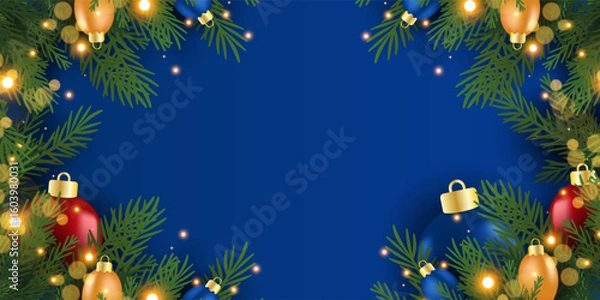 Fototapeta Christmas banner and poster with fir branches confetti and sparkles of gold lights blur bokeh on red, green, blue background. Bright merry Christmas and New Year cards, flayer set design holiday frame