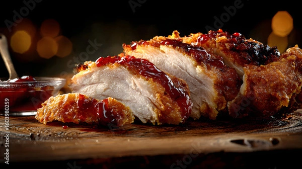 Fototapeta A platter of crispy, fried pork belly, sliced and drizzled with a rich sauce, suggesting a flavorful and hearty dish.
