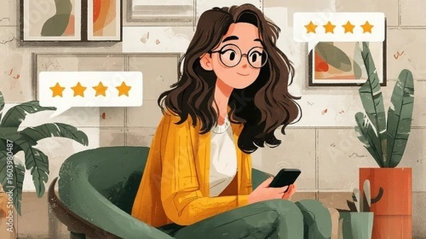 Fototapeta Client leaves five-star review using app, shares feedback for service quality, enhances customer satisfaction, and supports business reputation through digital interaction.