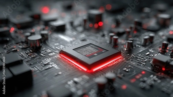 Fototapeta Close-up of red-glowing chip reveals intricate tech layout, highlighting processor design, circuit detail, and futuristic computing power