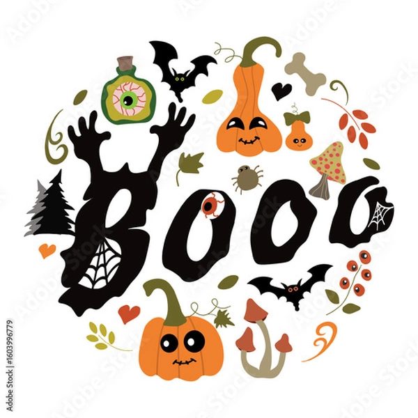 Fototapeta Vector Halloween round illustration with BOO lettering. With kawaii pumpkins, ghost, bats ,mushrooms, potion, fir trees, on pink background. Perfect for kids designs, cards and decorations.