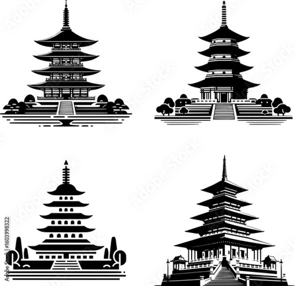 Obraz set of four black and white flat vector of a buddhist stupa icon, balanced minimalist architecture