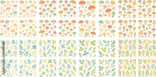 Fototapeta Cute Mushroom and Leaf Patterns Collection.