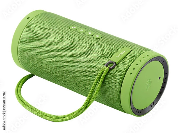 Fototapeta vibrant green portable cylindrical speaker featuring isolated on white background PNG, AI GENERATED