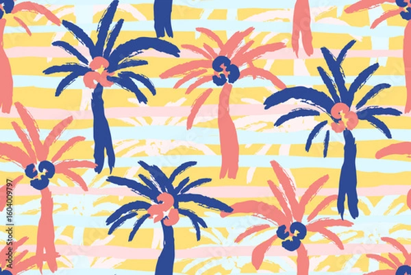 Fototapeta Abstract tropical vector seamless pattern. Pink blue stripes, palm trees, coconuts. For fabric prints, textile products, beachwear. Summer vacation.