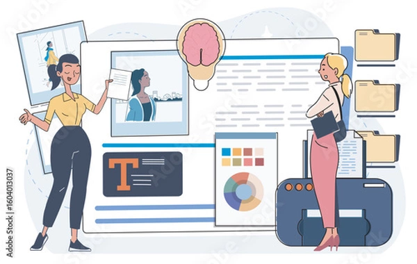 Obraz Two women collaborate in an office with visual content, charts, text, printer, and folders on a modern flat background. Concept of digital project planning. Vector illustration