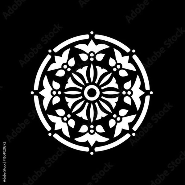 Obraz set of four black and white vector icon of the dharma wheel with 8 spokes, symbolizing buddhist path and balance