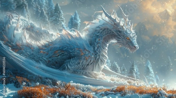 Fototapeta Winter season. The Legendary Winter Creatures . A scene of a dragon guarding its treasure hoard in a hidden cave, its watchful eyes and protective stance conveying its fierce loyalty.
