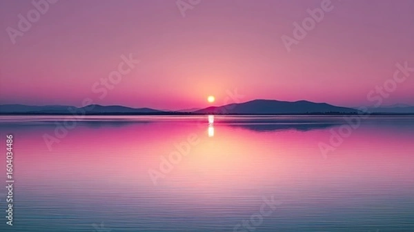 Obraz Pink And Purple Sunset Over Calm Water With Mountain Silhouette Reflection