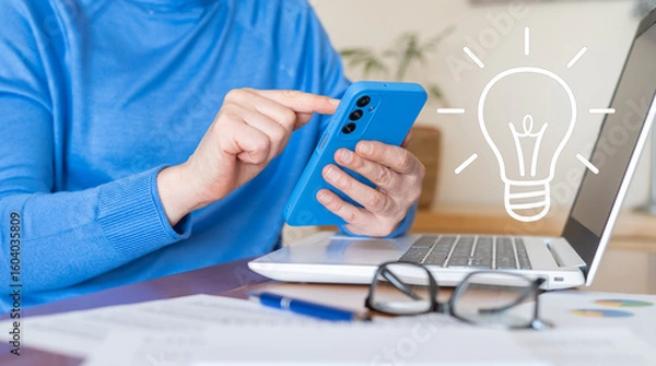 Fototapeta Businesswoman working from home, using a smartphone and laptop while a light bulb icon symbolizes a brilliant idea for her business, reflecting innovation and creativity