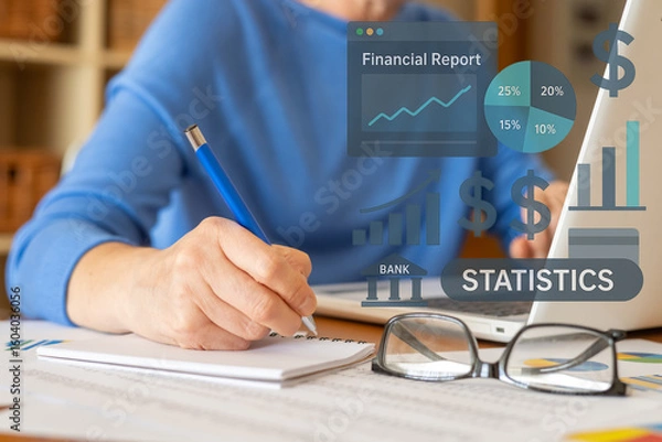 Fototapeta Businesswoman writing on a notepad while analyzing a financial report with growing charts and statistics, evaluating performance and progress