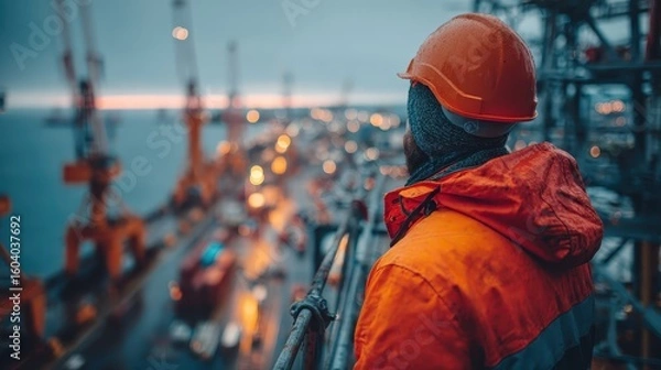 Fototapeta Construction worker watches the cityscape from high point. Use for industrial, progress, and engineering themes.