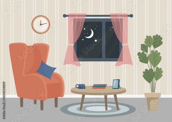 Fototapeta Vector illustration of a cozy living room with an easy chair, a coffee table, a houseplant, a wall clock, and a window with pink curtains showing a picturesque night landscape with dark sky and stars.