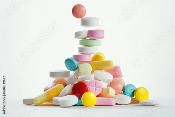Fototapeta Various colorful pills and capsules stacked in pyramid shape on white background, concept of pharmaceutical balance, medication choice, healthcare complexity, vitamin supplements or drug's. Banner