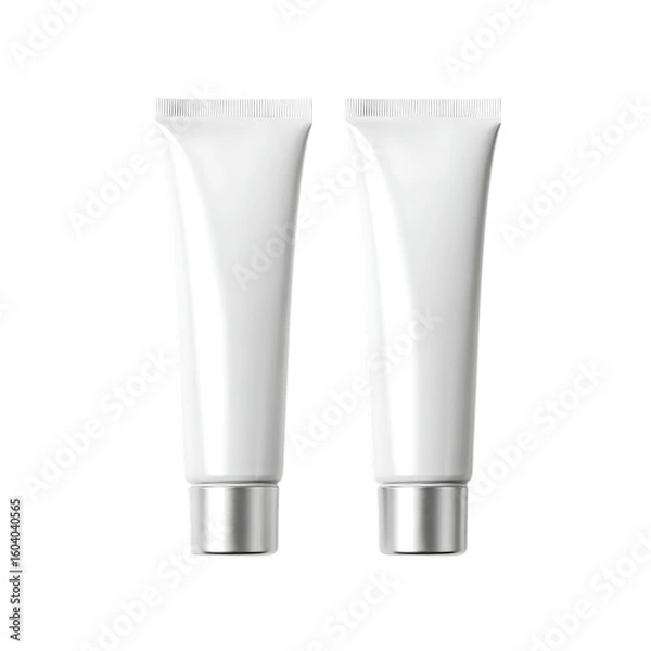 Fototapeta Two blank white cosmetic tubes with silver caps isolated on transparent background