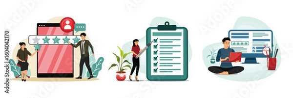 Obraz People Giving a Five Star Rating. A Woman Checking a List. Reviewing Online Ratings and Feedback.
