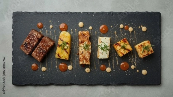 Fototapeta Gourmet Grilled Delights: Professional Food Plating of Assorted Seared & Caramelized Bites with Sauces