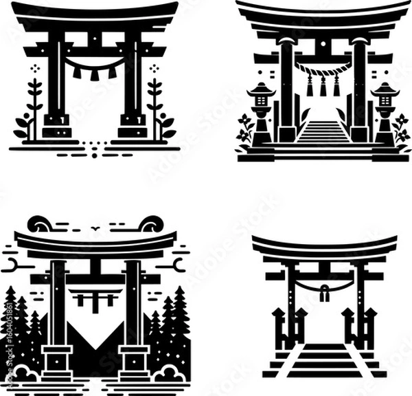 Obraz set of four flat black and white vector of a traditional shinto torii gate as entrance to shrine, simple and sacred design