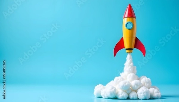 Fototapeta A hand crafted rocket, assembled from corrugated material and painted in vibrant hues, bursts forth from a similarly constructed launchpad