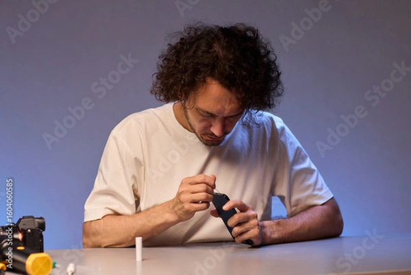 Fototapeta The Innovative Smartphone Cleaning Device is Being Demonstrated During Use and Functionality