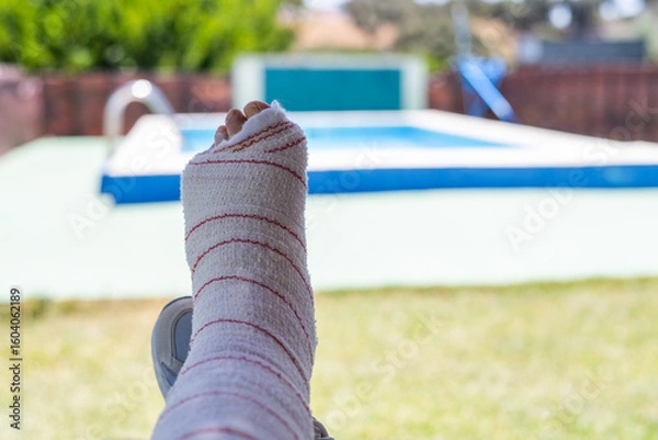 Fototapeta Close-up showcases an injured foot wrapped in a bandage, positioned near a blurred swimming pool in the background, highlighting the concepts of injury, insurance, and travel