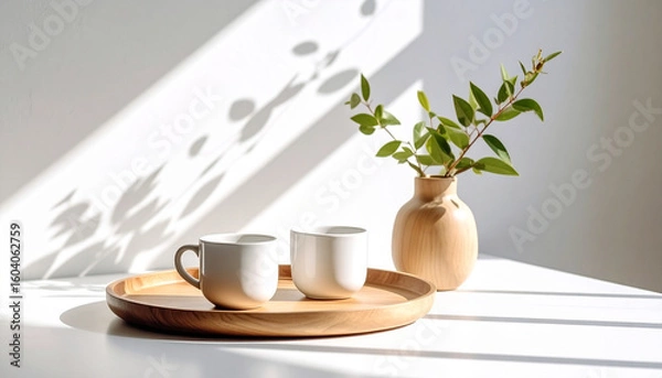 Fototapeta Tranquil Morning Scene: A minimalist composition of two pristine cups on a wooden tray, alongside a delicate vase holding fresh greenery. The interplay of light and shadow creates a serene atmosphere.